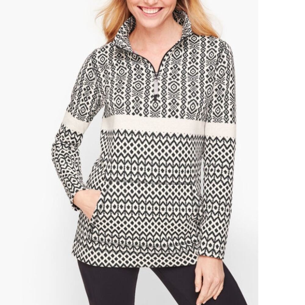 Talbots Sweater WMNS M Black White Fair-Isle Half Zip Pullover Winter Chalet Top